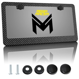 Mega Racer Carbon Fiber License Plate Frame - Black Aluminum Metal with 3K 2x2 Twill Carbon Fiber Printed Pattern - 2 Hole with Screws Kit Clear Coat UV Protection Waterproof Car Wash Safe, 1 Piece