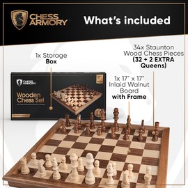 Chess Armory Wooden Chess Set - 17 inch Large Chess Board Sets for Adults and Kids with Extra Queen Pieces & Storage Box