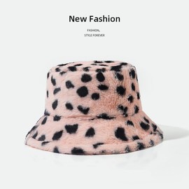 Fluffy Winter Bucket Hat for Women, Warm Fisherman Cap, Leopard Cow Printed Faux Fur Comfortable and Cozy Winter Accessory (UK, Alpha, One Size, Pink-Leopard)