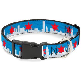 Buckle-Down Plastic Clip Collar - Chicago Skyline/Flag Distressed Black/White/Red - 1.5" Wide - Fits 18-32" Neck - Large