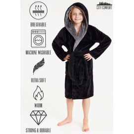 CityComfort Dressing Gown Boys, Kids Fleece Hooded Dressing Gown 7-14 Years (13-14 Years, Black)