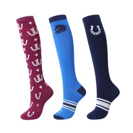 Harrison Howard 3 Pairs High Quality Riding Socks High Boots Knee High Socks for Women, Blue Horse Icon/Navy Horseshoe/Rose Star Horseshoe, L