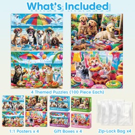 4-Pack 100 Piece Puzzles for Kids Ages 4-6 - Cats & Dogs Party Jigsaw Puzzles - Cute Puzzles for Kids Ages 8-10 Kids Puzzles Ages 5-8 Educational Search & Find Toy Preschool Puzzles Age 4-5 15"x10.6"