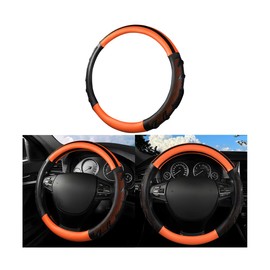 Mandark Car Steering Wheel Cover, Carbon Fiber Leather Vehicle Steering Wheel Protector, Sport Style and Anti-Slip Auto Interior Accessories, 15 Inch Universal for SUV, Truck, RV（Black/Orange）