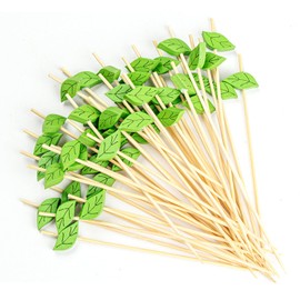 100PCS Cocktail Picks,Cocktail Sticks,12cm Long Handmade Sticks Wooden ﻿Natural Bamboo Cocktail Toothpicks,Mini Food Picks Decorative for Fruits,Desserts,Party Supplies(Green Leaves)