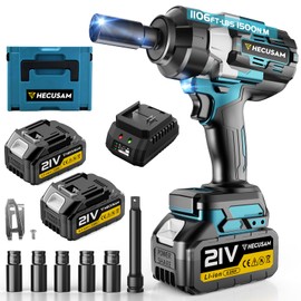 HECUSAM 1/2" Cordless Impact Wrench, 1106Ft-lbs (1500N.m) Brushless Impact Gun, 2x4.0Ah Batteries, Max 4200RPM with Reverse Auto-Stop & LED Light for Car Truck Lug Nuts, Auto Repair, Industrial & DIY