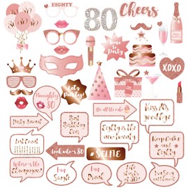 80th Birthday Party Photo Booth Props and Signs, Rose Gold 80 Birthday Party Selfie Props Kit with Sticks for Women,Eighty 80th Happy Birthday Party Decorations Supplies Favors