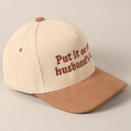 MIRMARU Vintage Novelty Embroidered Two-Tone Cotton Corduroy Trucker Baseball Cap for Men & Women (US, Alpha, One Size, Put it on My Husband's tab,Beige)
