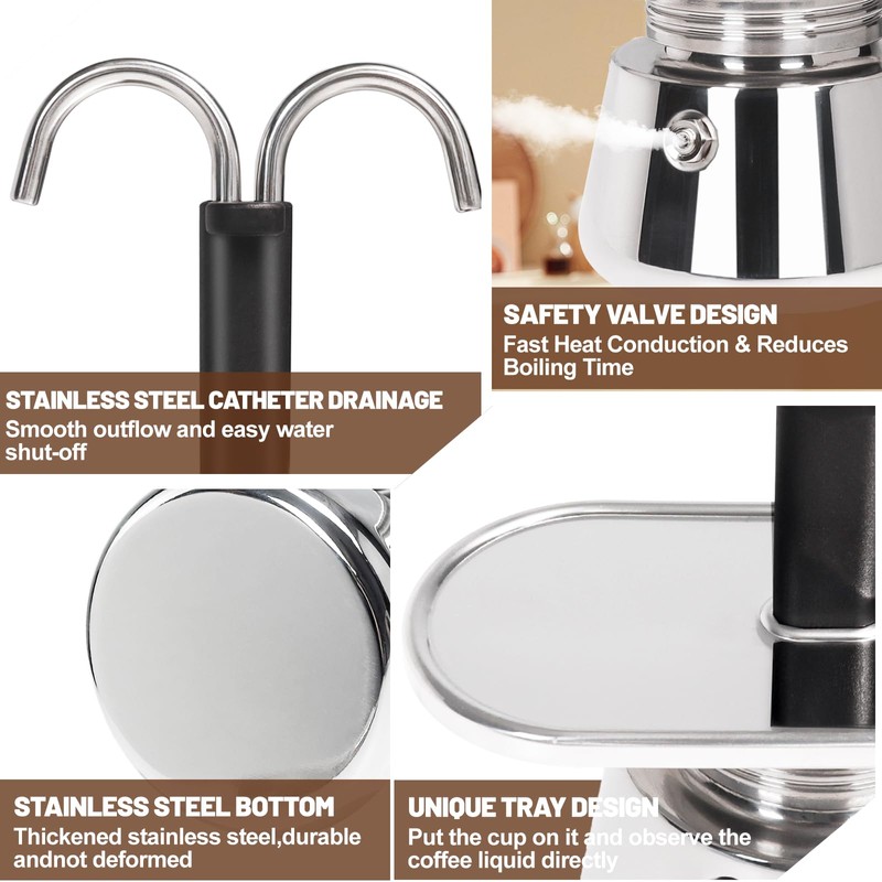 DITOSH 2 Cup Dual Pipe Moka Pot Stainless Steel Stovetop