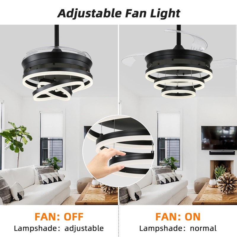 Retractable Ceiling Fan with Lights,Dimmable,6 speeds,DC Motor,36 inch Modern DIY