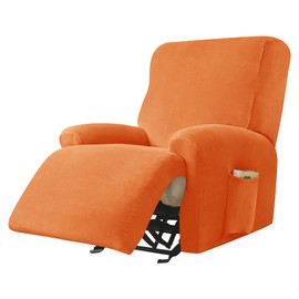CONRUSER Recliner Chair Covers, 4-Piece Velvet Stretch Recliner Slipcover Single Seat Couch Cover Soft Furniture Protector with Pocket (Orange)