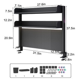OXBZKMY Clamp on Desk Organizer Shelf with Pegboard, Black Desktop Bookshelf Storage Shelves for Home Office Dorm Gaming Desk, Space Saving Tabletop Display Rack Organization, 31.5x37.5in