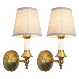 PERMO Wall Sconces Set of 2 Classic Vintage Fabric Wall Sconce with Funnel White Cloth Shade Brass Wall Sconce Lighting Hardwired Wall Mounted Lamp Fixture for Hallway, Bedroom, Living Room