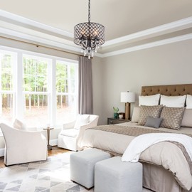 VILUXY Black Crystal Chandelier Modern Ceiling Pendant Light Fixture Drum Raindrop 4-Light Hanging Light for Bedroom Kitchen Island Dining Room Entry