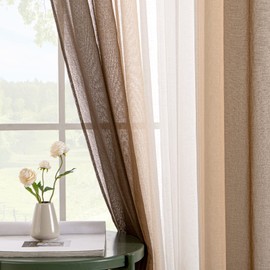 EMEMA Voile Curtain, Two-Tone Curtain with Eyelets, Transparent Curtain, Eyelet Curtain, Translucent Window Scarf for Bedroom, Set of 2, 140 x 245 cm, White Light Coffee