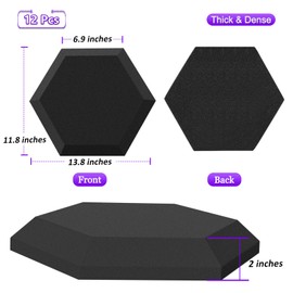 TroyStudio Thick Acoustic Foam Panels, 13.8 X 11.8 X 2 Inches 12 Pcs Hexagon Sound Absorbing Foam, Dense Soundproof Padding Tile, Recording Studio Foam Absorber, Decorative 3D Wall Ceiling Panel