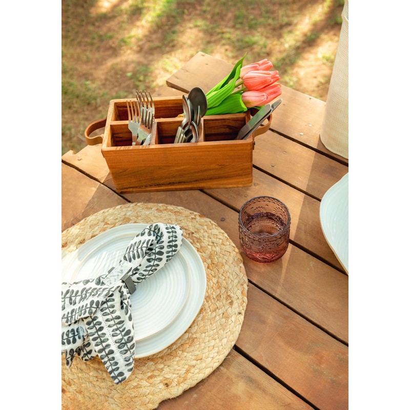 Karma Acacia Silverware Leather Handles Wooden Napkin and Utensil Caddy,