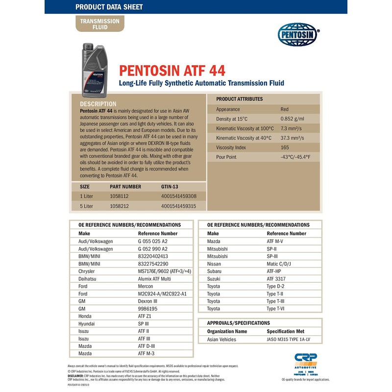 Pentosin 1058212 ATF 44 Long-Life Full Synthetic Automatic Transmission Fluid;