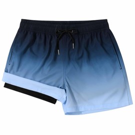 MADHERO Mens Swim Trunks with Compression Liner 2 in 1 Quick Dry Swimming Shorts Swimwear Dark Blue Sky Blue Size S