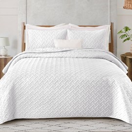 Exclusivo Mezcla Soft Quilt Set King Size, 3 Pieces Lightweight Quilts White Bedspreads Coverlets Bedding Set for All Seasons, Weave Pattern