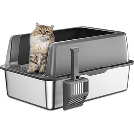 Zarler Stainless Steel Litter Box with Lid, Extra Large Cat Litter Boxes, XL Large Metal Litter Box for Big Cats with High Sided, Grey (Non-Sticky, Easy to Clean, Anti-Urine Leakage)