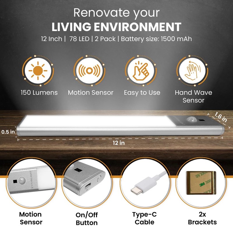 VYANLIGHT Kitchen Under Cabinet Lights - Wireless Motion Sensor LED