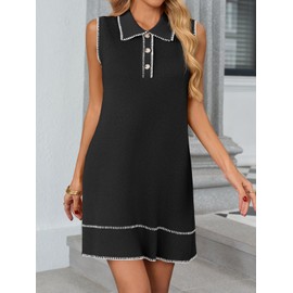 Wenrine Womens Sleeveless Mini Dress Casual Collared V Neck Contrast Stitch Loose Summer Knit Tank Dresses Black