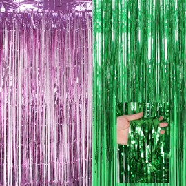 2 Pcs Wicked Party Decorations, Pink and Green Tinsel Curtains, 1x2.5m Foil Curtains, Witch and Princess Themed Party Decor, Birthday and Disco Event Backdrop