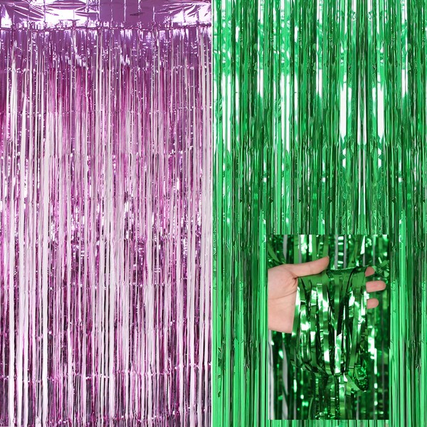 2 Pcs Wicked Party Decorations, Pink and Green Tinsel Curtains,