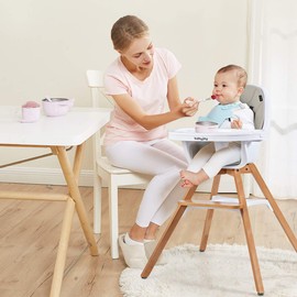 HONEY JOY Baby High Chair, 4 in 1 Convertible Wooden Highchair/Booster Seat/Rocking Chair/Toddler Chair with 5-Point Safety Harness, 3-Position Adjustable Feeding Tray for Infant Toddler (Gray)