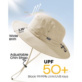 FURTALK Sun Hat for Men Women Packable Wide Brim Summer UV Protection Fishing Hat UPF 50+ Adjustable Chin Strap Bucket Hat Outdoor, khaki, Unit size