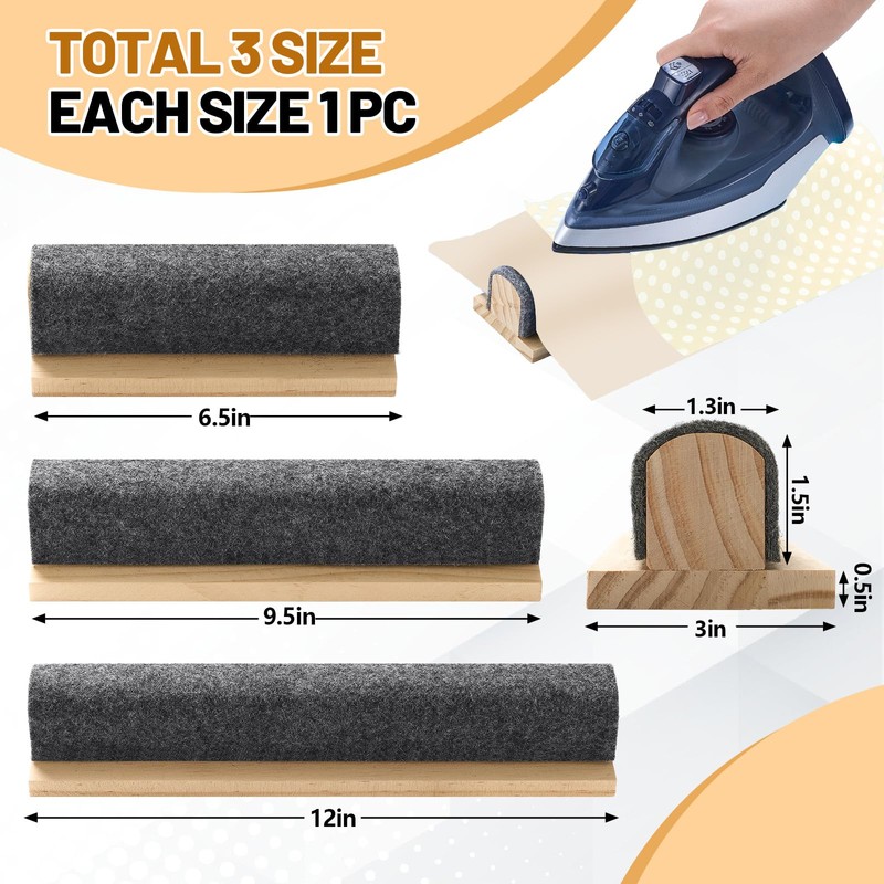Threehoney 3 Size Tailors Clapper Pressing Bar with Clapper Wool