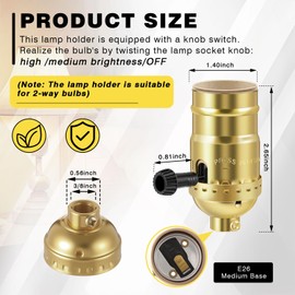 Saysurey 4 Pcs UL Listed 2 Way Lamp Socket Replacement E26 Threaded Base Turn Switch Knob for On/Off Low-Medium-High Light Settings Light Bulb Socket for Table Floor Lamp Repair, Gold