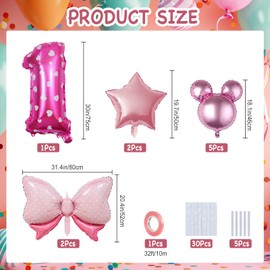 Kaemi 10Pcs Minnie Mouse Balloons Pink Huge Bow Birthday Number Balloons Set Minnie Aluminum Foil Balloons for Baby Shower 1st Birthday Party Decorations