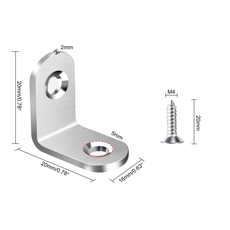 20Pcs Stainless Steel L Brackets - 20mm Right Angle Corner