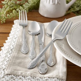 RiverRidge Rose Monogrammed Flatware Set 46 Piece Silverware - Q - Utensils Set with Serving Pieces, Heavy Gauge Stainless Steel, Mirror Finish, Dishwasher Safe Cutlery for Daily Use
