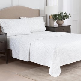 MARTHA STEWART 100% Egyptian Cotton 4-Pc Sateen Sheet Set, 400 TC, Gray/White, 1 Flat Sheet, 1 Fitted Sheet, 2 King Pillowcases, Soft & Breathable, Vacation Essentials, Printed Bed Sheets, King Size