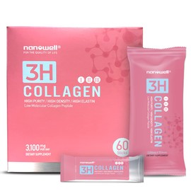 NANOWELL 3H Collagen Peptide 60 Sticks X 3 Boxes for 3 Months - I, II, & III with Vitamin A,C, E Hydrolyzed Elastin Peptide and Hyaluronic Acid - Hair, Nail, Skin, and Joint Support (180 Count)