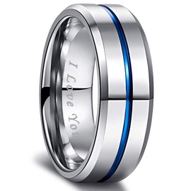 Greenpod 8MM Tungsten Carbide Rings Silver Blue High Polished Beveled Edge Wedding Band for Men Women Engraved I Love You Size 8