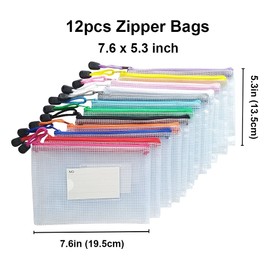 AUSTARK 12Pcs Zippered File Bags, Plastic Mesh Zipper Pouch with Label Pocket, Waterproof Documents Receipts Pencil Storage Bags for Office School Home Travel (B6 Size 7.6x5.3in)