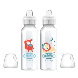 Dr. Brown's® Milestones™ - Botella estrecha para beber 100% silicona, boquilla suave, 8 onzas/250 ml, zorro y león, 6 m+