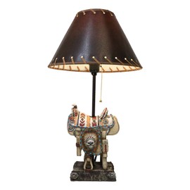 Ebros Gift Faux Tooled Leather Rustic Southwestern Indian Chief Skull Headdress Navajo Patterns Cowboy Horse Saddle Desktop Table Lamp with Brown Laced Shade Country Western Accent