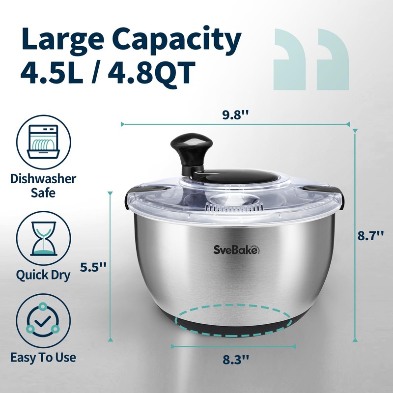 SveBake Stainless Steel Salad Spinner, 4.2 Qt Vegetable Washer, BPA-Free