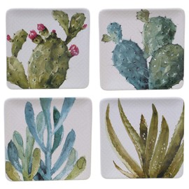 Cactus Verde Set of 4 Square 8.5" Ceramic Salad/Dessert Plates – Assorted Watercolor Cactus Designs – Southwestern-Inspired Tableware for Snacks, Appetizers, and Entertaining