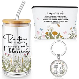Zhehao Christmas Pastor's Wife Appreciation Gifts 16 oz Glass Cup with Straw Tumbler Unique Christian Pastor Wife Makeup Bag with Keychain Thank You Pastor Appreciation Gifts for Women Pastor Wife