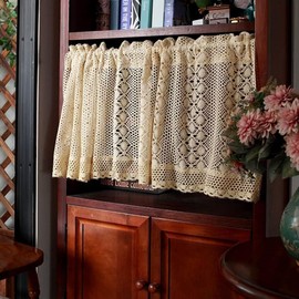Rustic Boho Curtain Valance for Kitchen Window Farmhouse Handmade Crochet Curtain Tiers for Coffee Decor Room Divider Rod Pocket Hollow Short Lace Curtains for Bathroom Closet 1 Panel W59 X L35 Inch