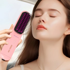 Portable Wireless Rechargeable USB Fast Professional Permanent Ceramic Flat Iron Cordless Mini Hair Straightener Brush Combcolor: Pink, packaging types: Box (color)