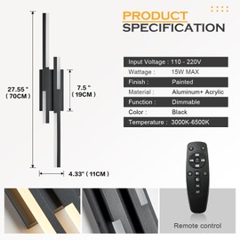 Benkut Modern LED Wall Sconce Black Remote Wall Light Fixtures for Bathroom, Dimmable Vanity Light Indoor LED Remote Wall Sconce for Bedside Bedroom Living Dining Room (27.6inch 3000-6500K 1 Pack)