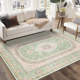 Castage Green Rug 3x5,Washable Area Rugs for Bedroom Living Room Kitchen Entryway,Small Boho Vintage Bohemian Distressed Oriental Non Slip Carpet,Sage Blush Floral