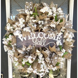 Southern Charm! Welcome Y'all Magnolia & Cotton, Deco Mesh Front Door Wreath, Farmhouse Farm Style Decor, Porch Patio Decoration, Fall, Spring, Summer, Everyday Wedding Decor